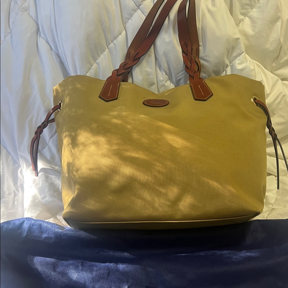 Dooney & Bourke Large Canvas Shopper Neutral Tan with Leather Trim Red interior - Picture 8 of 13